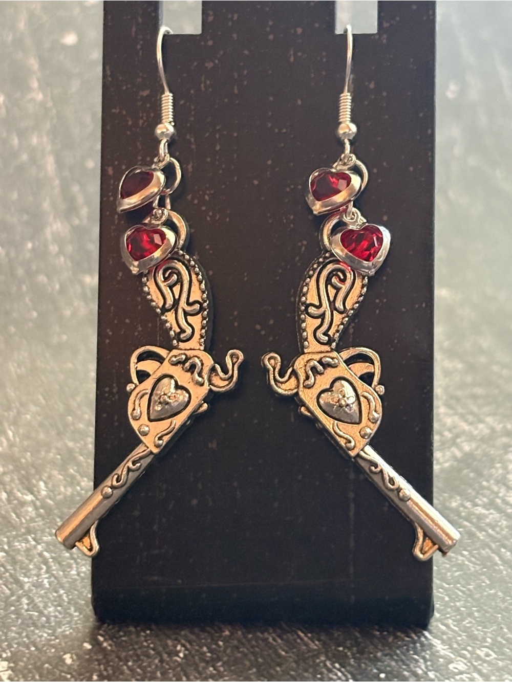 Silver Tone Heart & Gun Dangle Earrings with Red Gems - Women Jewelry